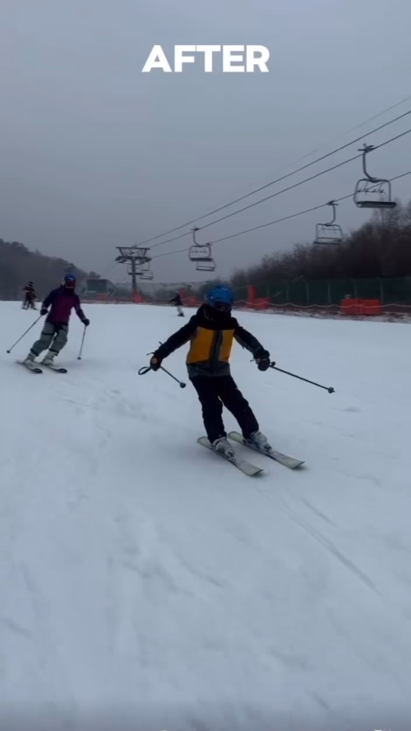 韓國初學者滑雪課程 AFTER 畫面，學員在教練陪同下練習平衡與連續轉彎